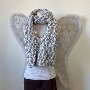 Handmade Chunky Knit Scarf Blue Brown White Cozy Soft Warm Oversized Knit Pastel